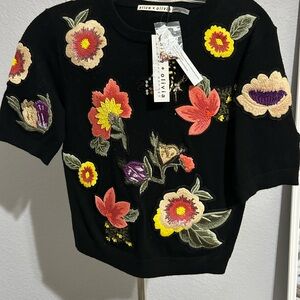 Alice + Olivia Black and Red Sweater with Floral Design